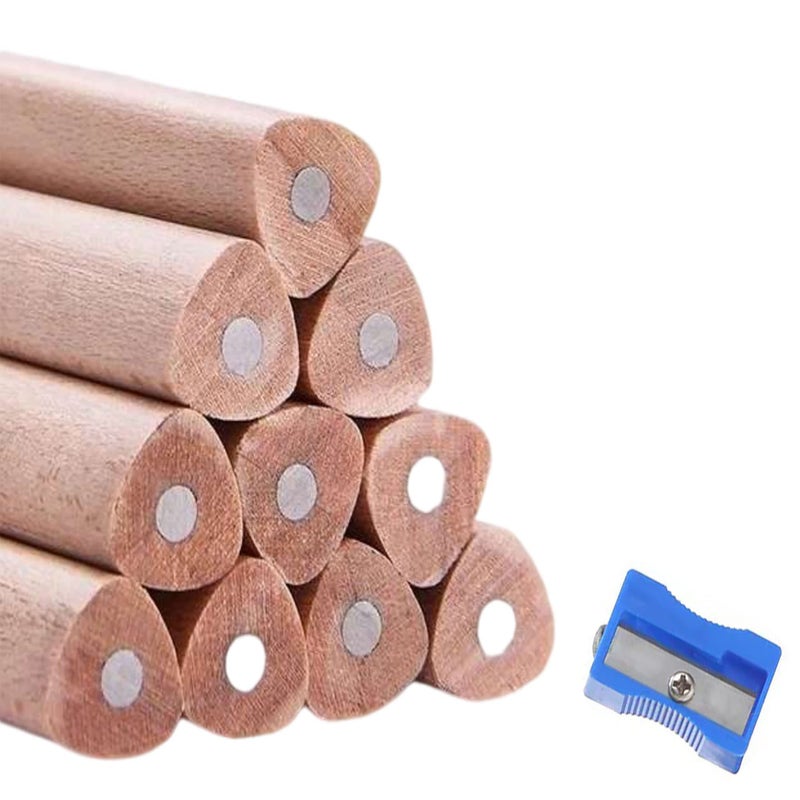 Buspoll 10 Stick HB Pencils Unpainted Natural Wood Grain Triangular for Kids Stationery - Image 1